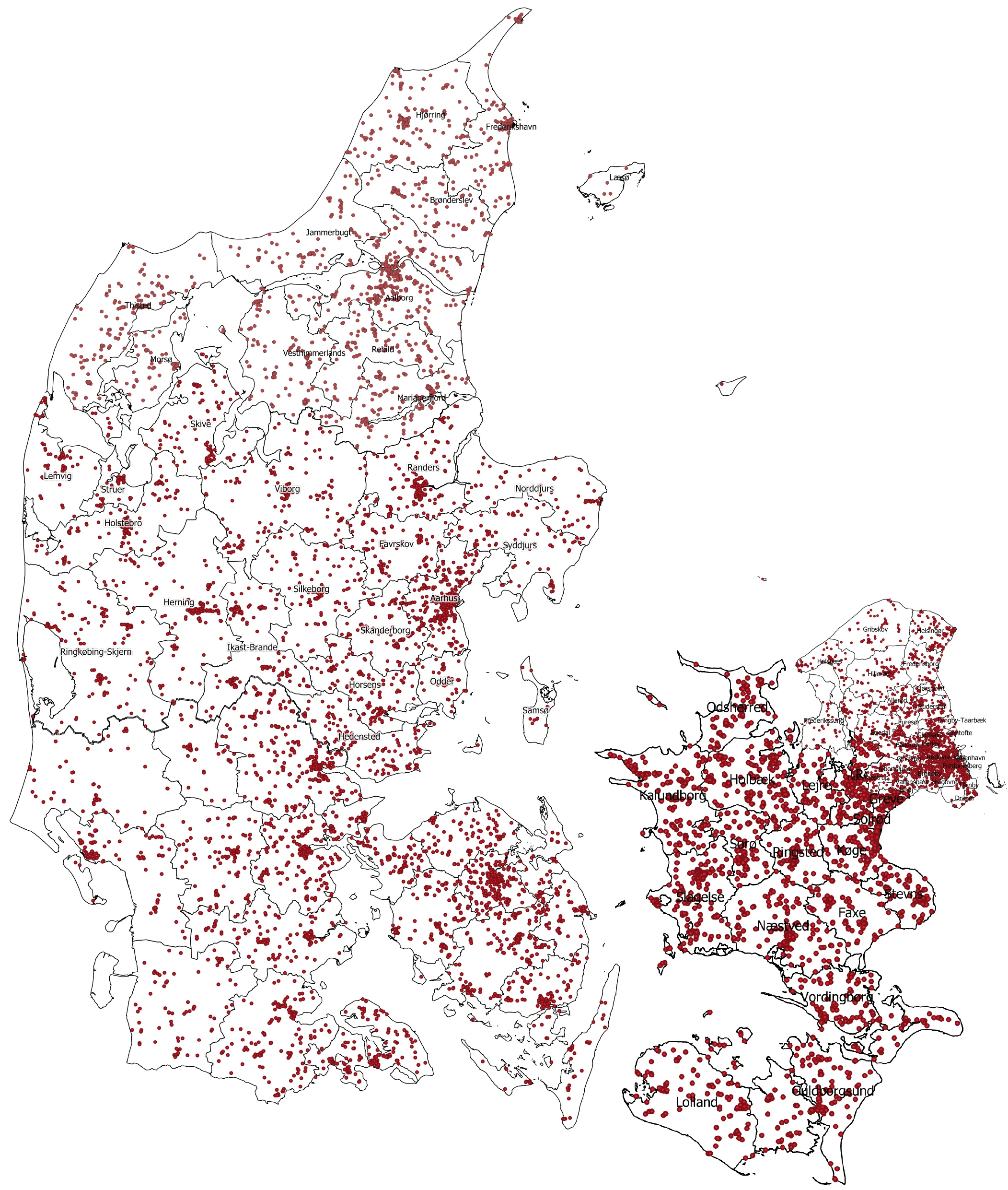 Danmarkskort med mulige PFAS-grunde